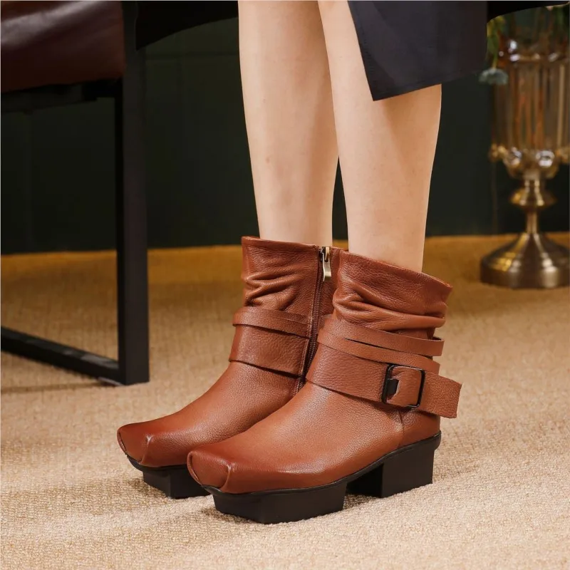 

GKTINOO Cowhide Women's Short Boots 2025 Autumn And Winter New Genuine Leather Versatile Mid Heel Square Toe Boots