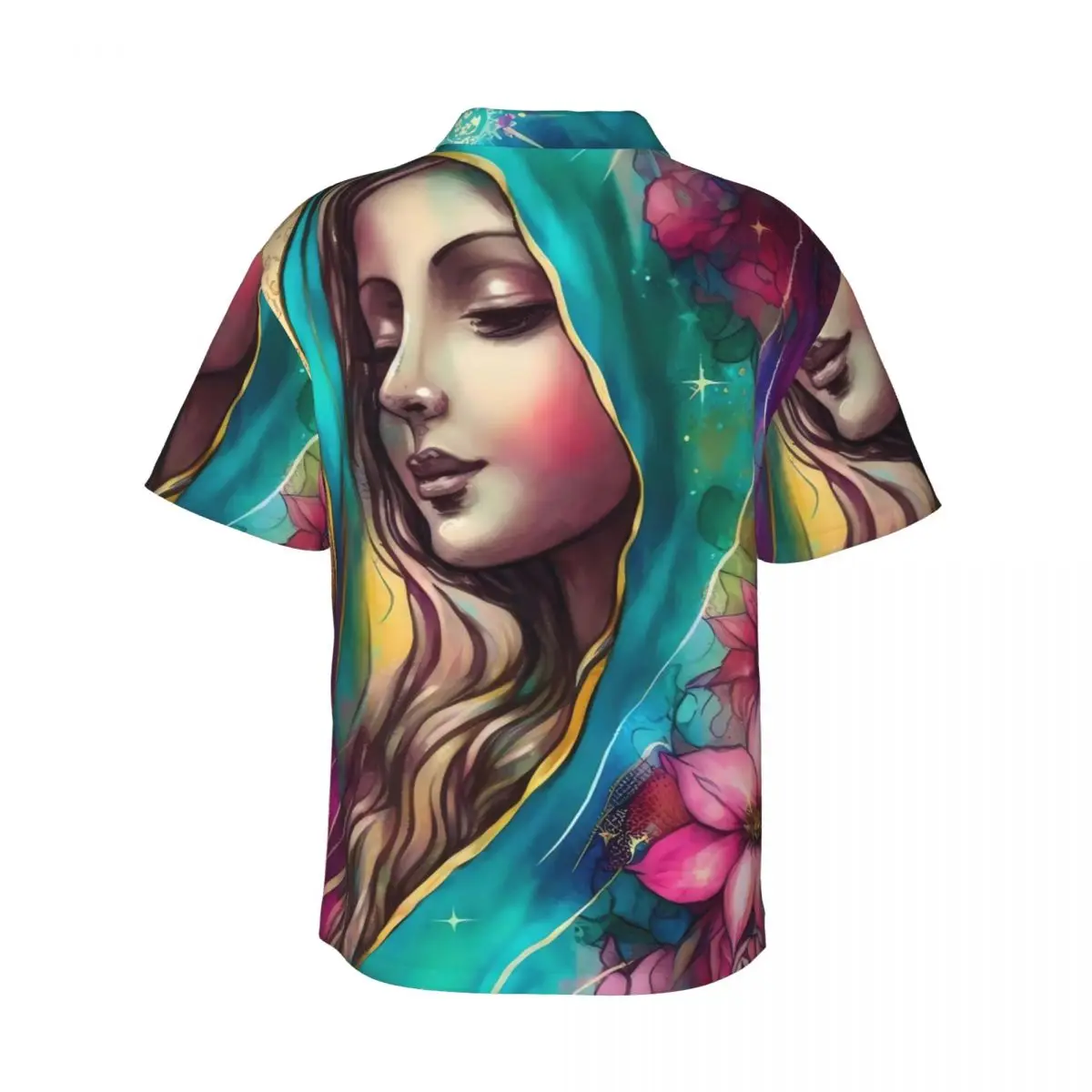 Virgin Mary Beach เสื้อแม่เทพธิดาฮาวายเสื้อลําลองผู้ชายเสื้อแขนสั้น Harajuku ออกแบบเสื้อผ้า