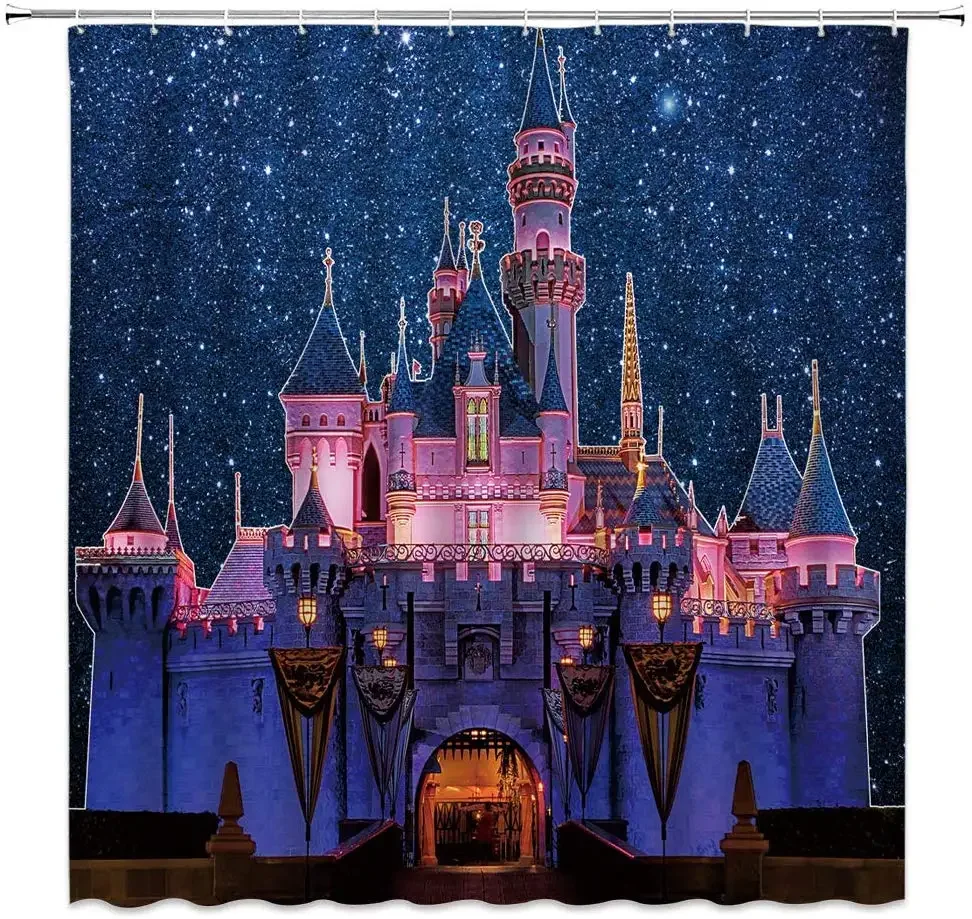 Fantasy Castle Starry Sky Scenery Night View Kids Fairy Tale Bathroom Curtains Set Waterproof Polyester Home Decor