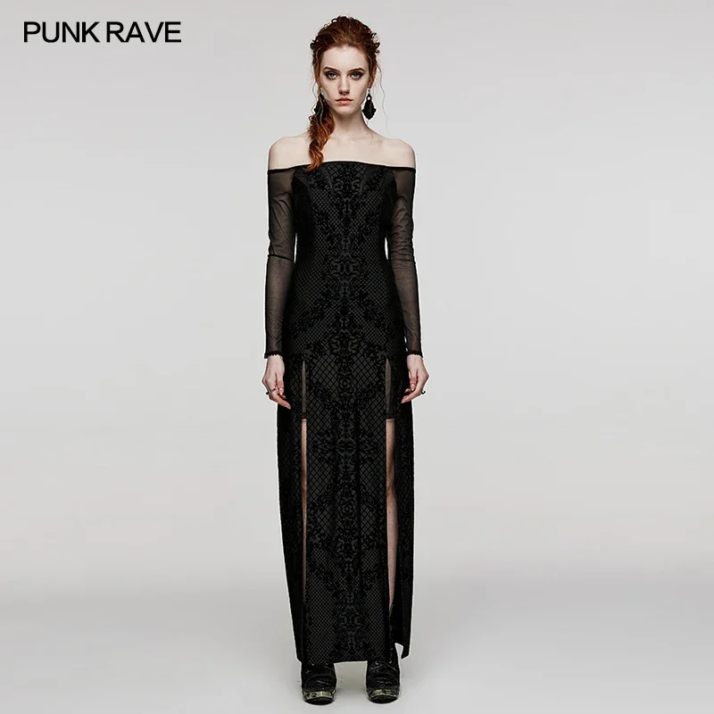 

PUNK RAVE Women's Gothic Slim Sexy Flocking Printing Split Dress Party Club Hollowed Out Halloween Evening Dresses