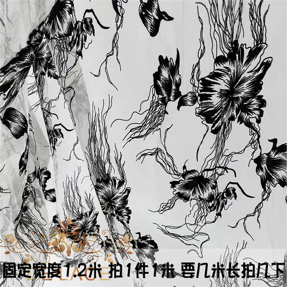 HYFバブルヤーンブラックフロッキングフローラルガーゼ生地高品質ウェディングドレスソフトレース生地