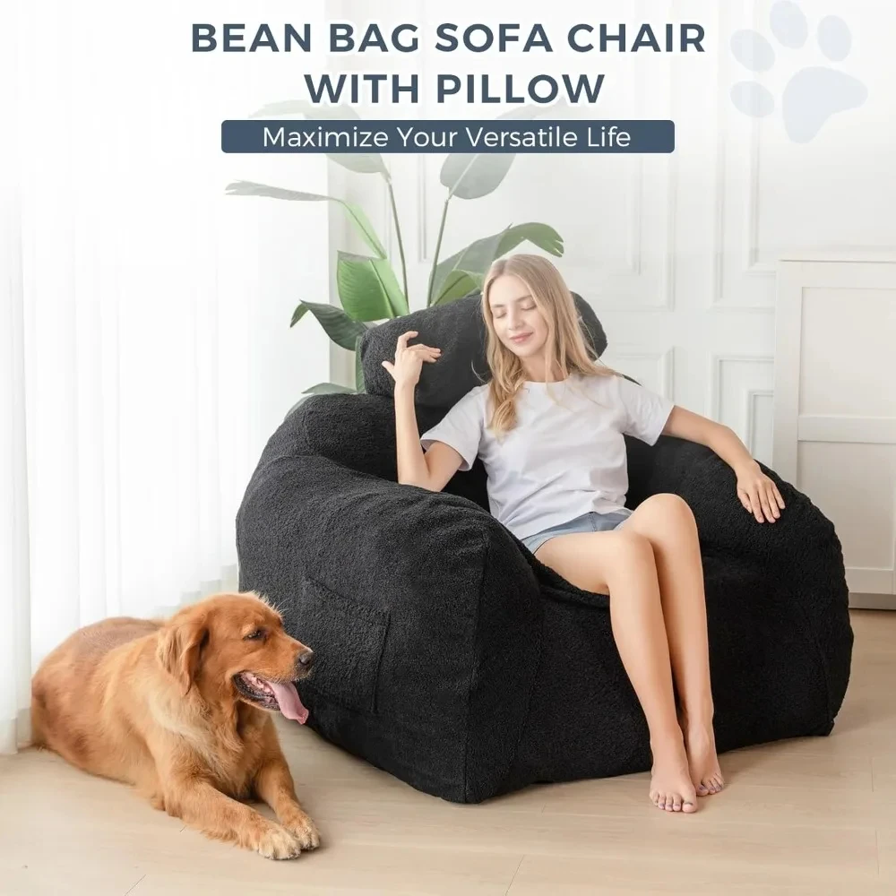 Giant Bean Bag Chair with Pillow, Boucle Bean Bag Sofa for Adults,Large Upholstered Bean Bag Couch Lazy Sofa with Filler