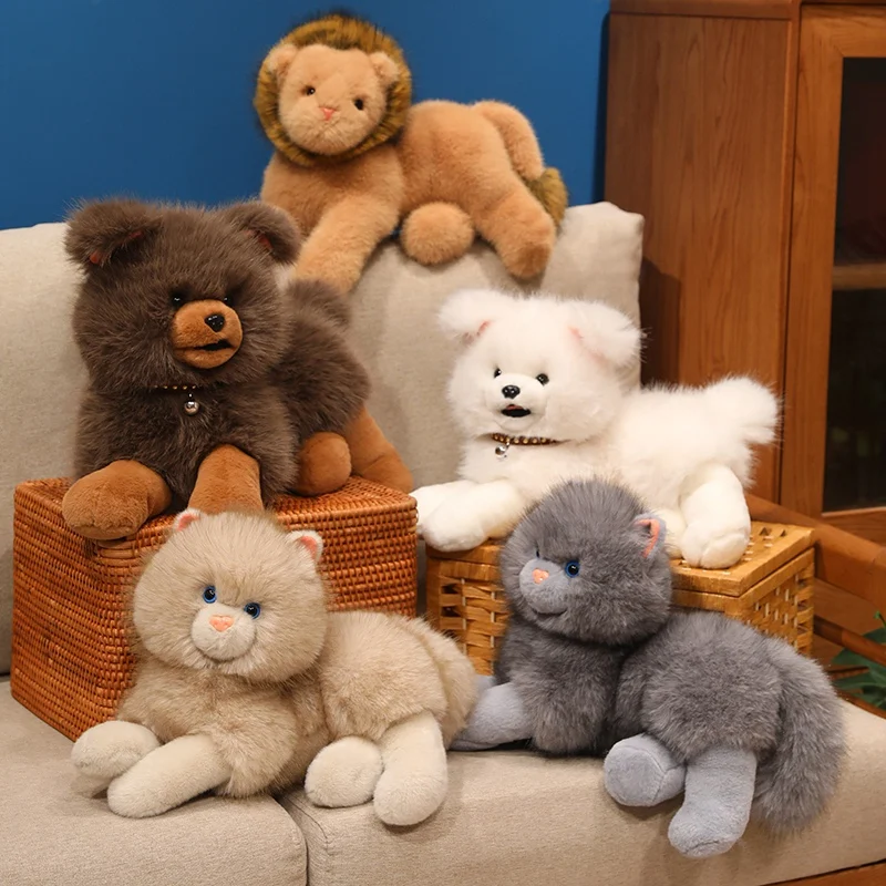 

30/40cm Lying Lion Dog Cat Plush Toys Kawaii Lifelike Hairy Animals Stuffed Dolls Girl Boys Sleeping Companion Toys Dolls