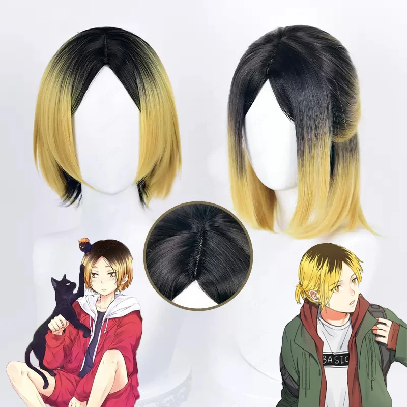 

Anime Haikyuu!! Kenma Kozume Cosplay Wig Short Bob Middle Part Black Blonde Ombre Heat Resistant Synthetic Hair Wigs + Wig Cap