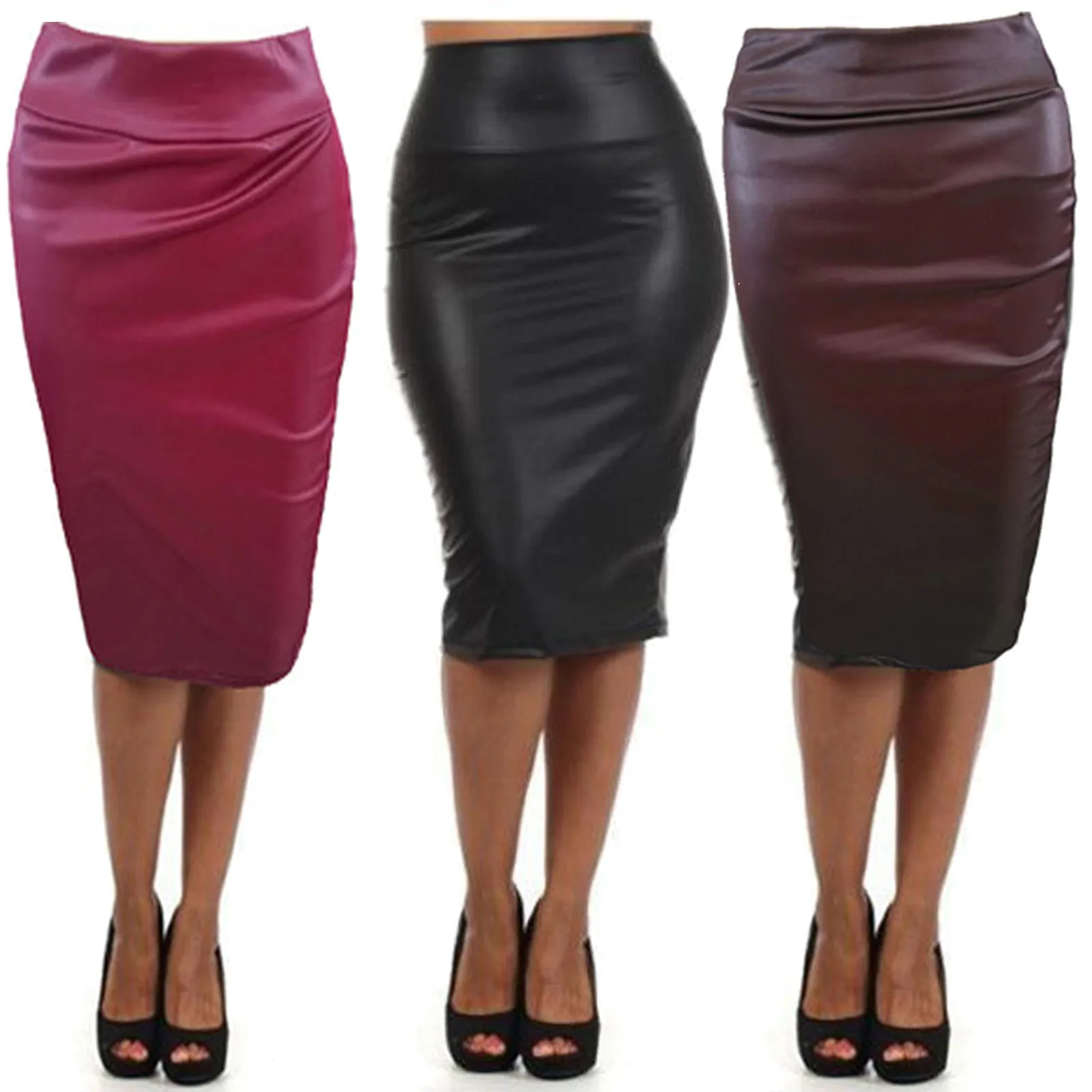 Sexy Womens Skirt Fashion Leather  Pu Leather Skirt High Waist Pencil Skirts Sexy Club Vintage Bodycon Midi Skirt Jupe Faldas