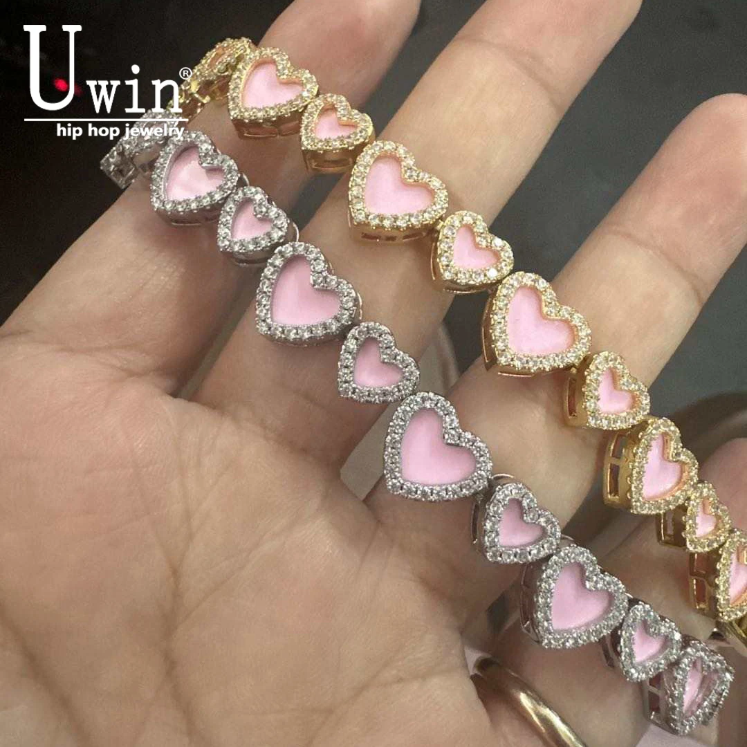 UWIN Pink Acrylic Heart Bracelet Big Small Hearts Interspersed Necklace Colors Can be Customized Luxurious Choker HipHop Jewelry
