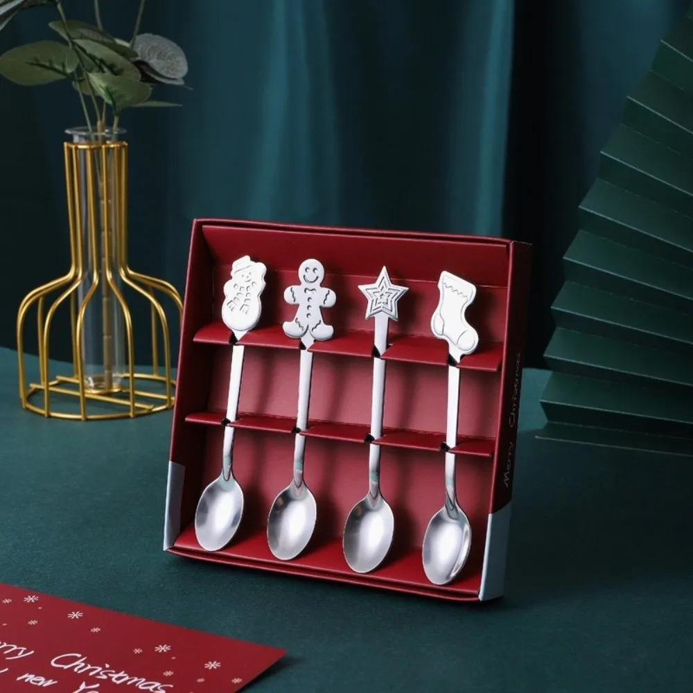 4PCS Set New Stainless Steel Dessert Spoons Snowman Festive Coffee Spoons Gingerbread Stocking Present Box Table Setting