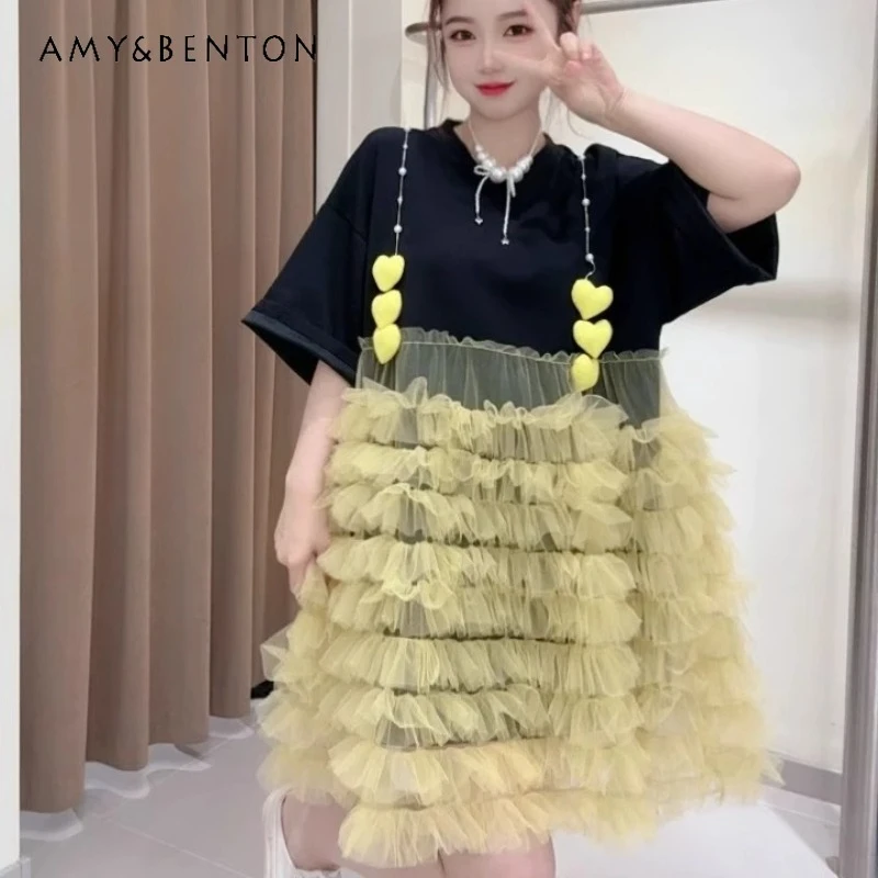 

Fashion Brand Summer New Design Mesh Splicing Short-sleeved O-neck Dress Age-reducing Versatile Tutu Dresses Women's Clothing
