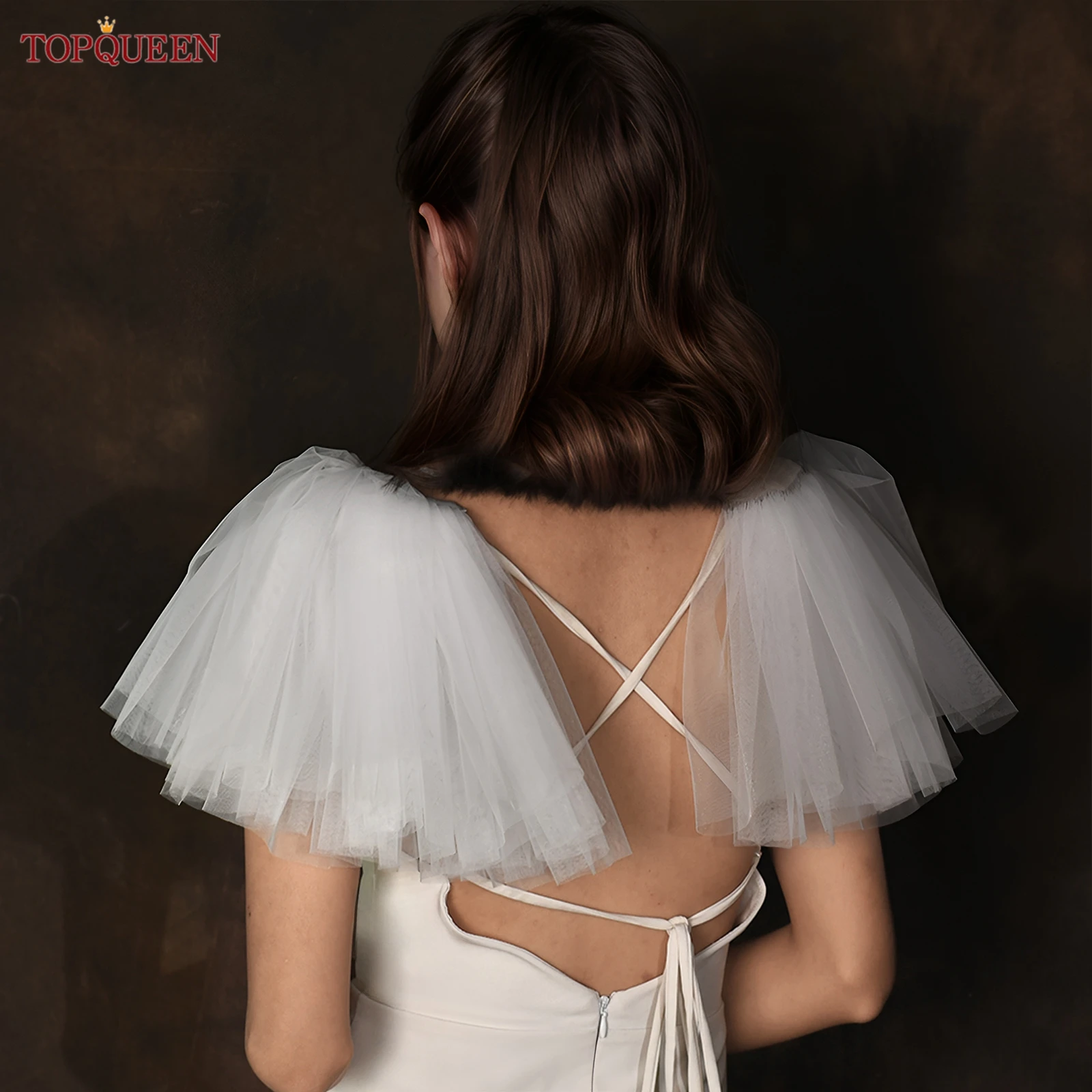 

TOPQUEEN MG50 Эластичное многослойное сетчатое короткое свадебное платье с открытыми плечами и шалью, украшающей плечи