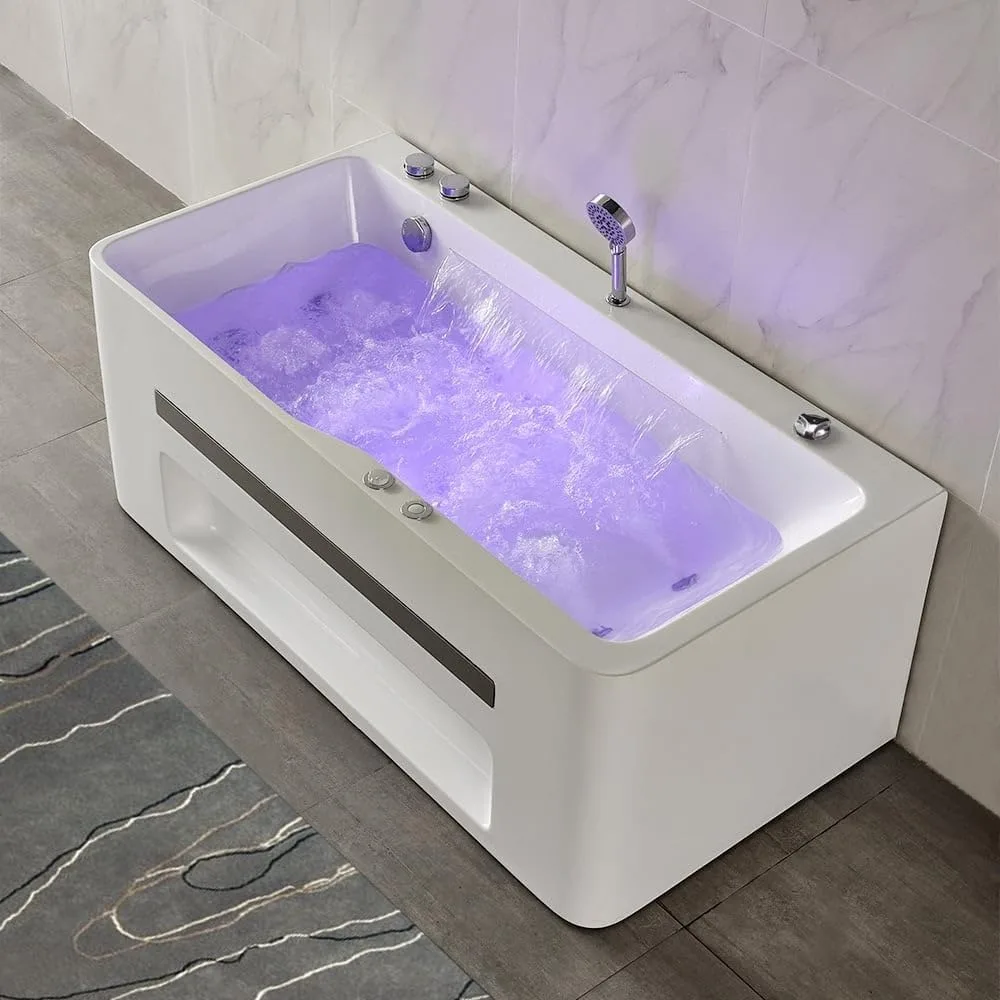 

59'' Modern Acrylic Alcove Whirlpool Bathtub Rectangular Water Massage Bathtub Chromatherapy LED Soaking Tub with Bathtub Filler