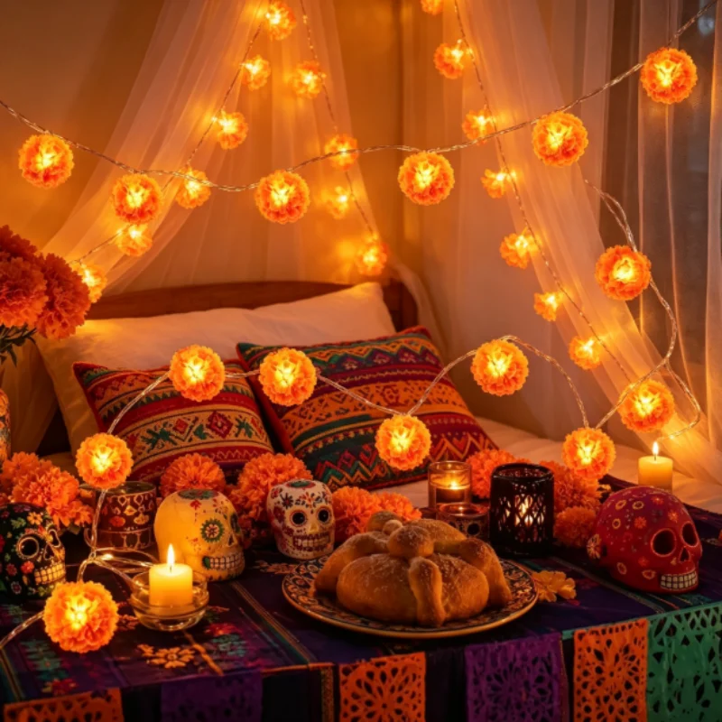 3M LED String Lights Mexican Marigolds 20 Flashing-Orange LEDs, Cempasuchil Style Flower Garland Battery Powered Halloween Decor