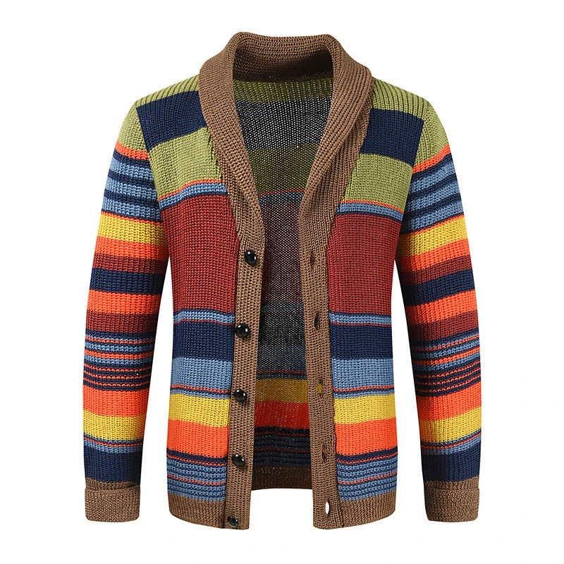 Trendy Mens Knitted Cardigans 2025 Spring Casual Button-up Lapel Sweatercoats Men Vintage Rainbow Striped Sweater Jacket Coats