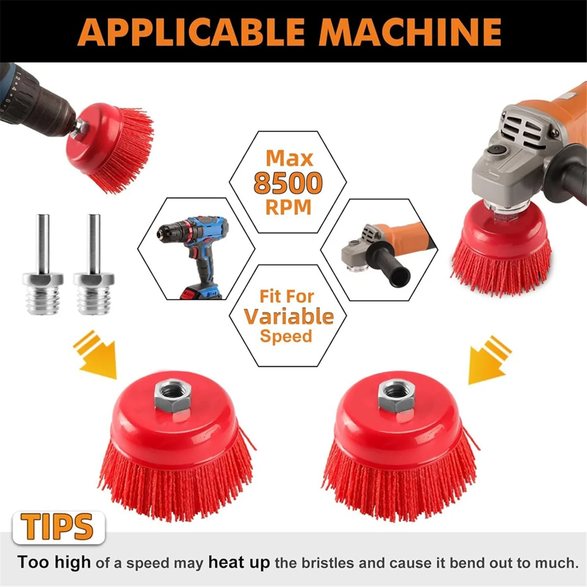 

AA98 4 Inch Nylon Filament Brush 2 Pack, 4Inch Abrasive Bristle Cup Brush Set 5/8Inch-11 Thread, 1/4Inch Arbor Max 8500 RPM