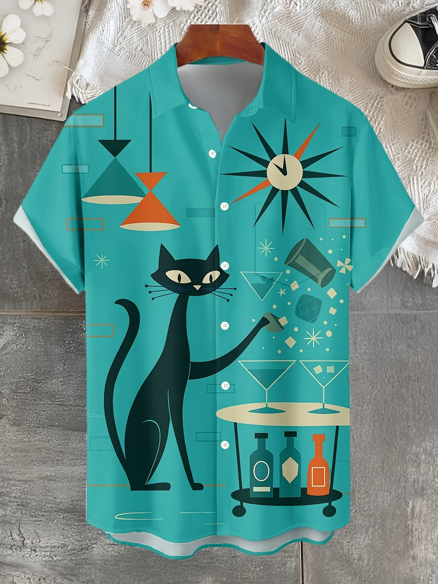 Trendy Men Button‑Up Shirt Turquoise Retro Cartoon Black Cat Bar Cocktail Mid‑Century Art Print Polyester Beach
