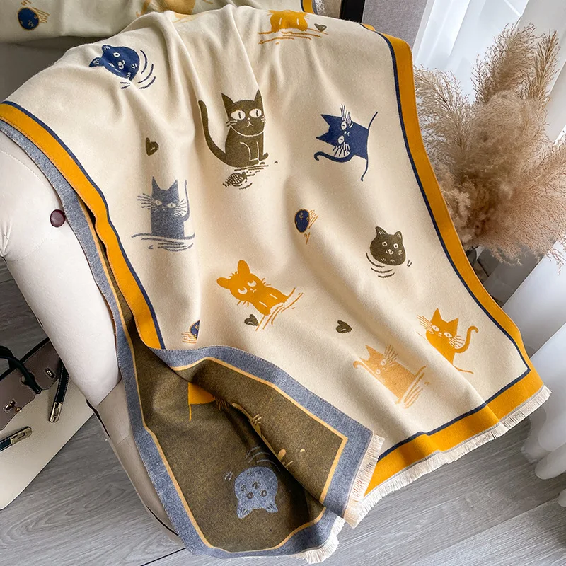 

Winter Sweet Cartoon Cat Cashmere Feel Scarf Shawl Women Long Cape Warm Neckerchief Wraps Soft Comfort Muffler Double Sides