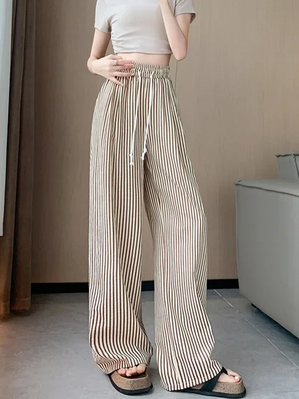 

Women's Summer Thin Wide Leg Pants with Black and White Stripes, High Waist Slim Fit Casual Ice Silk Trousers