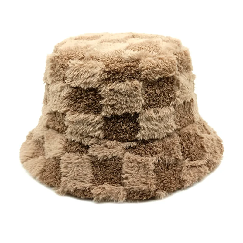 Women Plush Checkered Bucket Hat Soft Fuzzy Fleece Lattice Fisherman Cap Warm Windproof Winter Casual Outdoor Fashion Hat