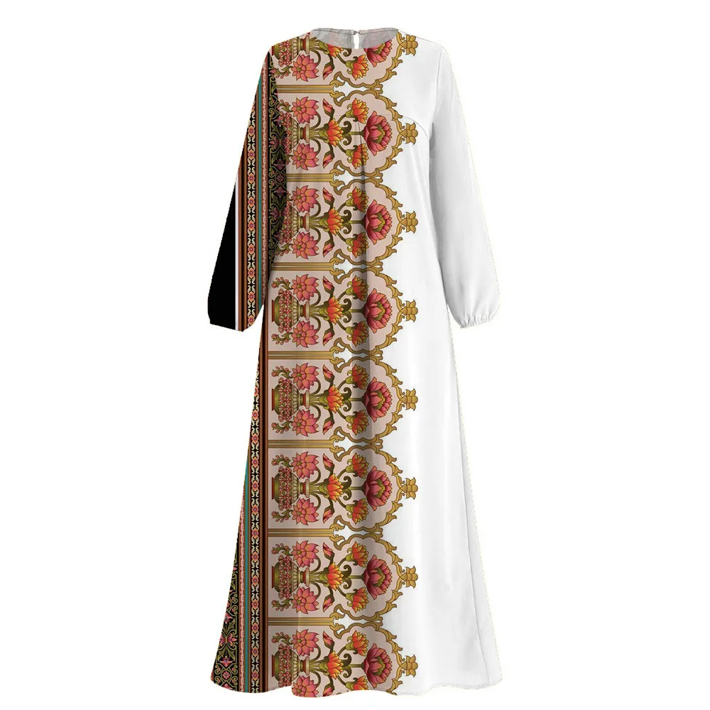 2024 Femme Ramadan Muslim Printing Abaya Demure Turkey Dubai Islam Clothing Abaya Round Neck Muslim Abayas African Dresses