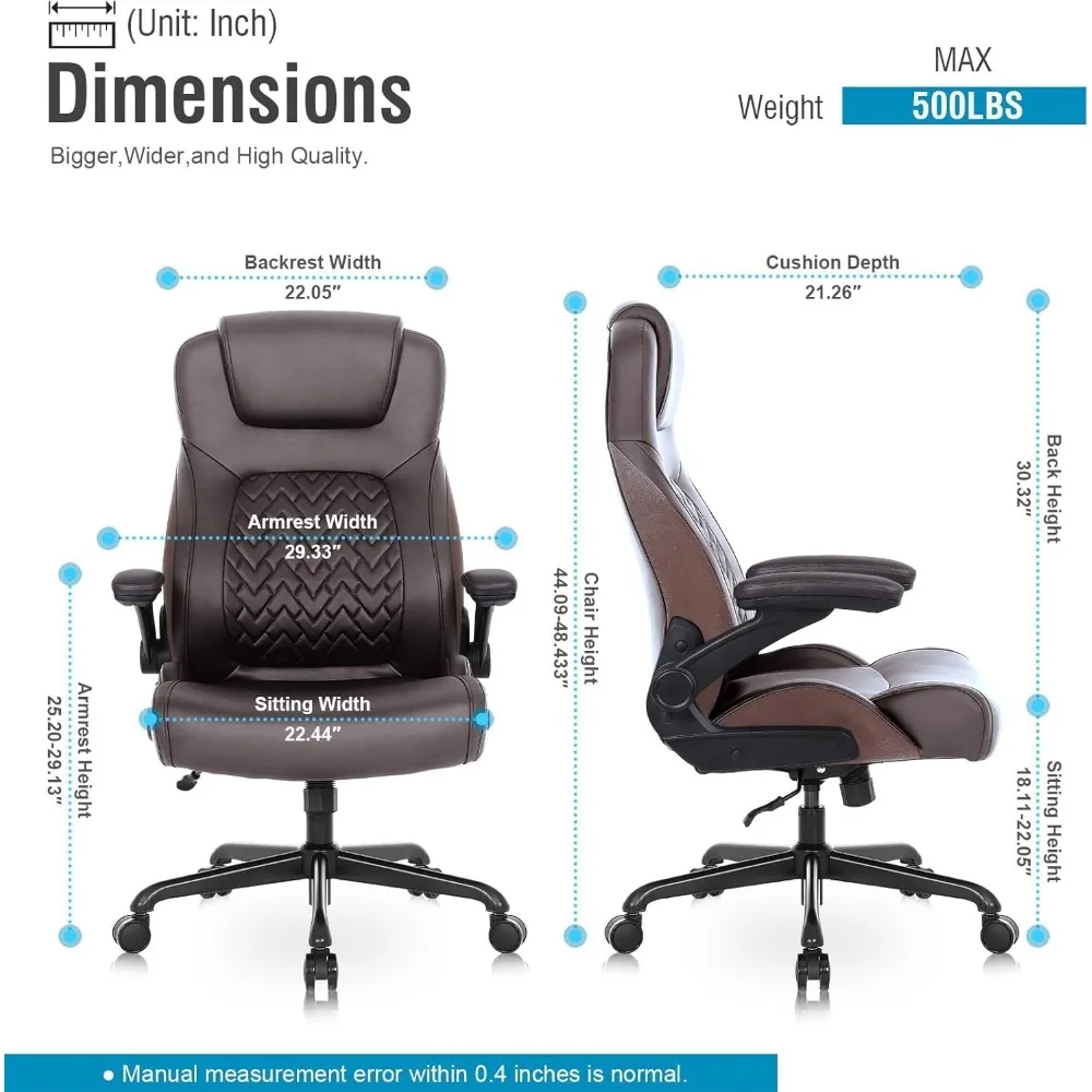 Executive Ergonomic Chair for Heavy People, PU Leather, Lumbar Support, Flip-up Armrest