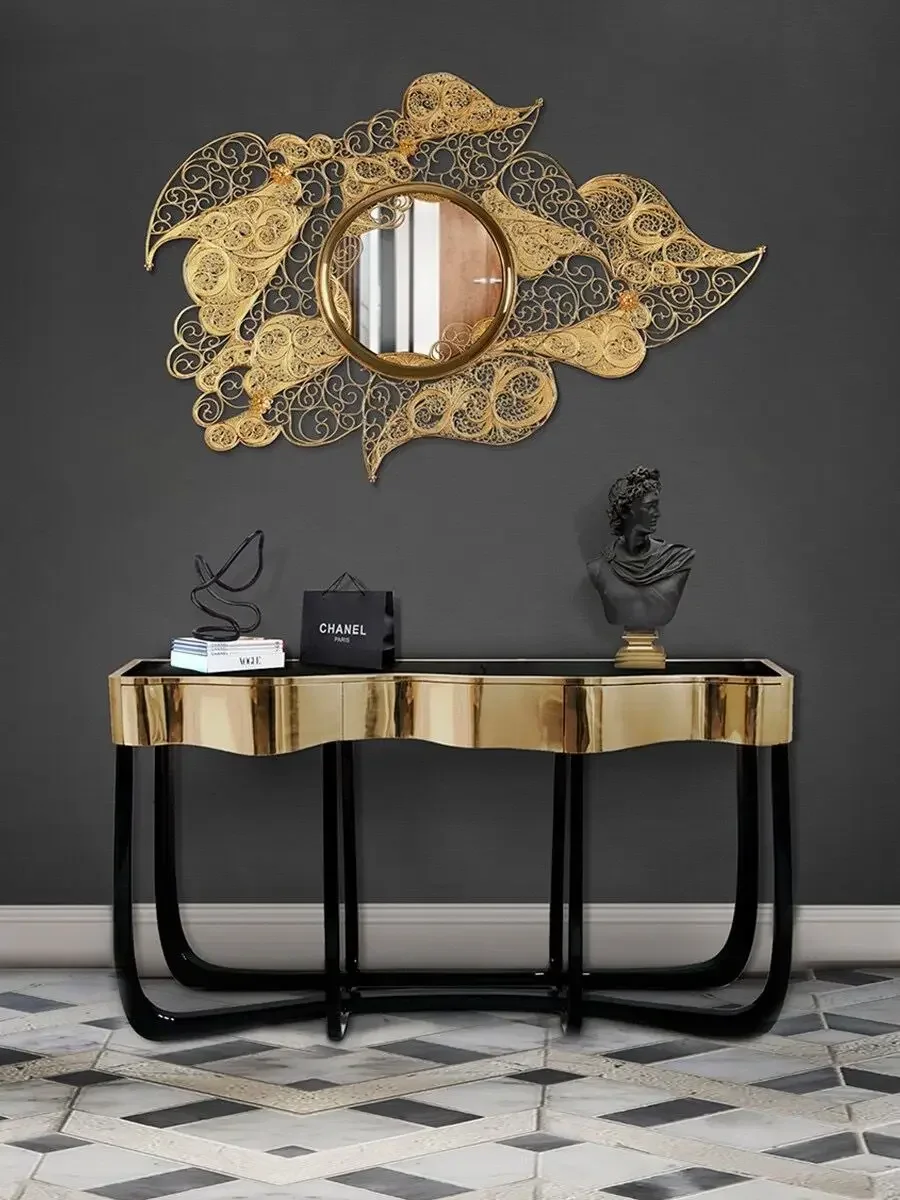 A  Light luxury stainless steel entrance table Creative tempered glass Living room Simple wall table Entry end view table
