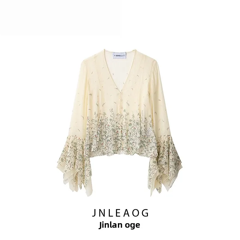 

Faionable Silk Printed irt JNLEAOG Women's Casual Sle Loose Fit Long Sve V-Ne Polyester Fiber Regular Length