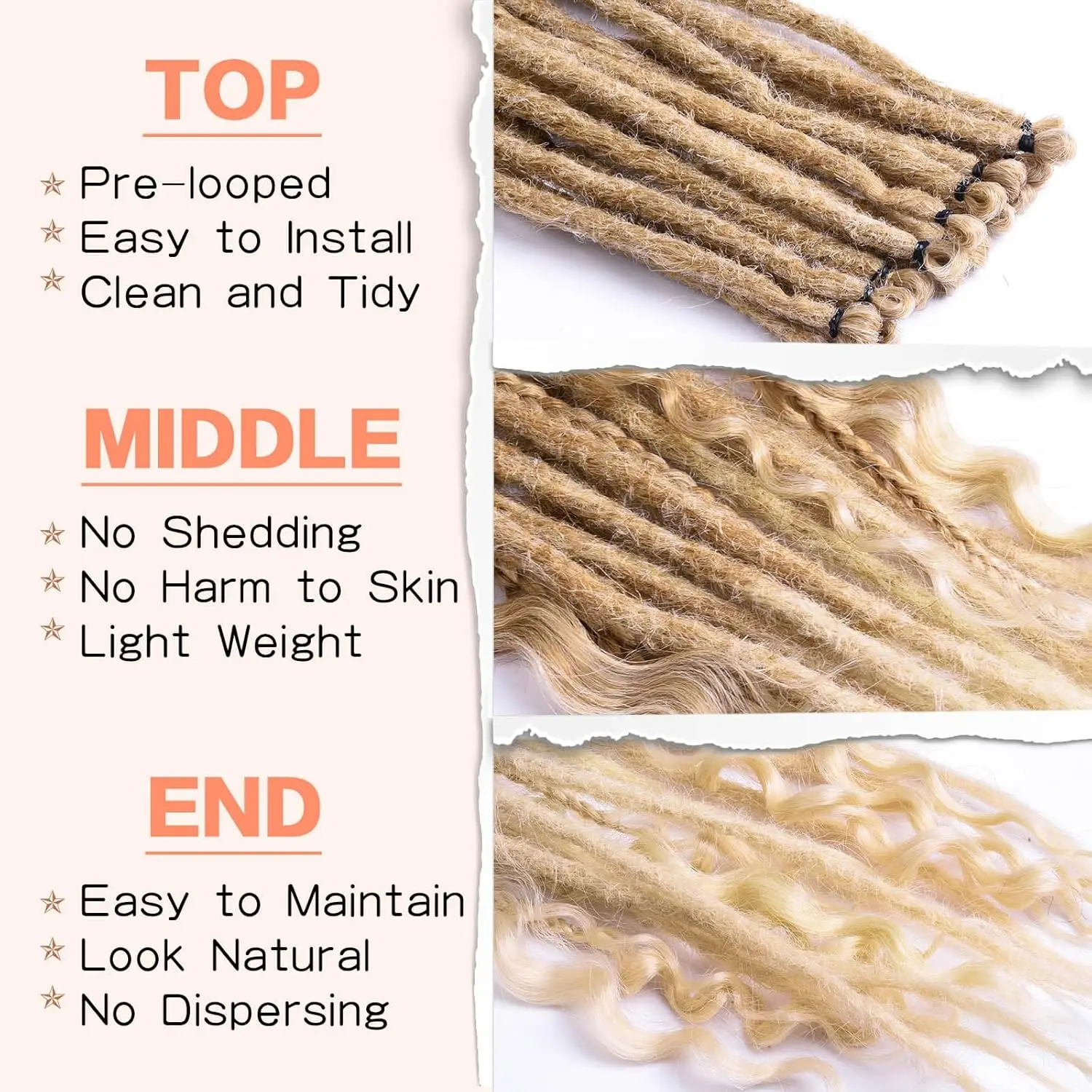 24 Inch Synthetic 16Strands/Lot SE Dreadlocs Braids Hair Extensions, 3 In 1 Mixed Hippie Style Single End Dreadslocks for Women