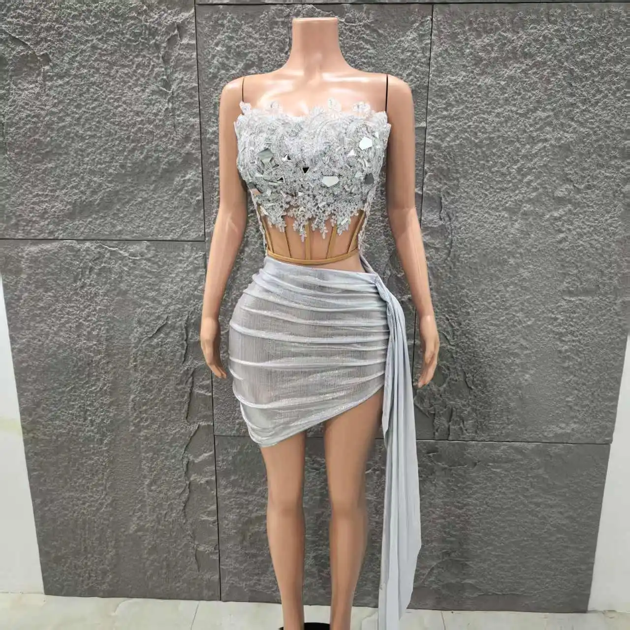 Top Quality Women Sexy Shinning Rhinestones 2 Pieces Bodycon Draped Mini Dress Nightclub Party Celebrate Stage Wear