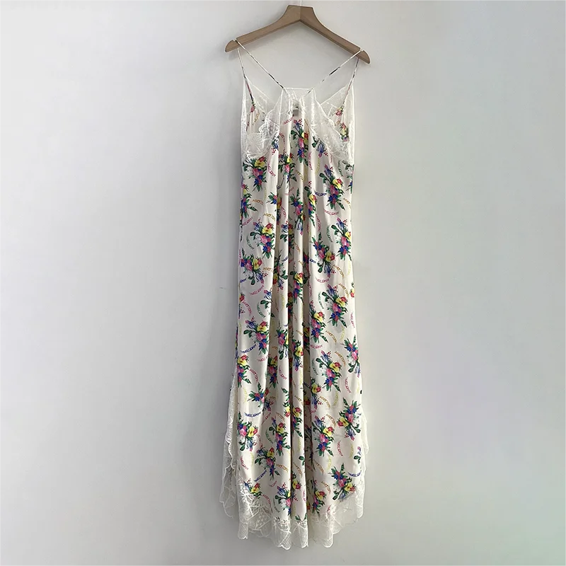 Zadig Female Dresses Lace Floral Wing Prints Halter Dress Women Sexy V-Neck Lace Backless Patchwork Robes Lady Slip Long Dresses