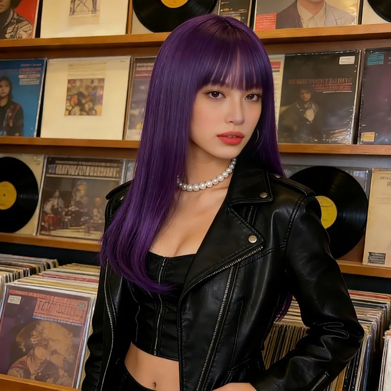 New wig, purple medium-length straight hair, realistic-looking headpiece, Asian-style colorful long hair with bangs, full headpi