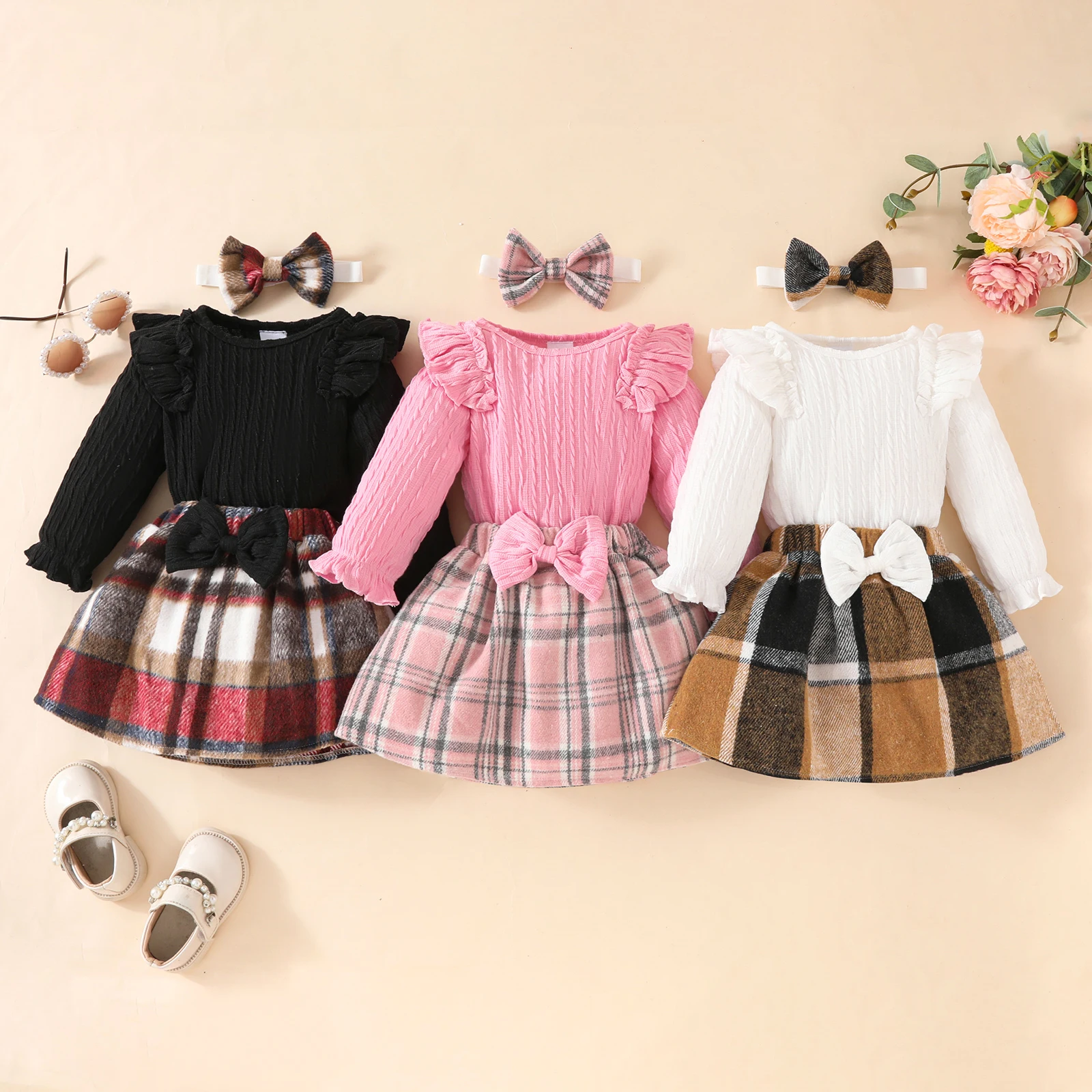 Fashion Baby Girls Fall Winter Outfit Long Sleeve Ribbed Romper Plaid Print Skirt Cute Headband 3 Piece Warm Baby\'s Clothes Set