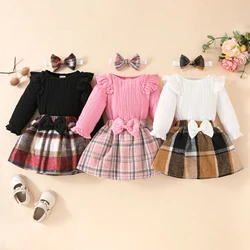 Fashion Baby Girls Fall Winter Outfit Long Sleeve Ribbed Romper Plaid Print Skirt Cute Headband 3 Piece Warm Baby's Clothes Set