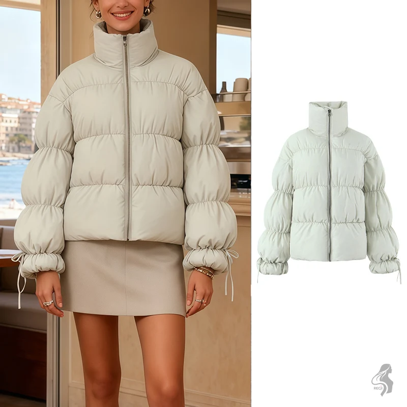 

Light Green Puff Sleeve Cotton Jacket Stand Collar With Zipper Short Coat Trendy And Stylish Winter Outerwear For Women