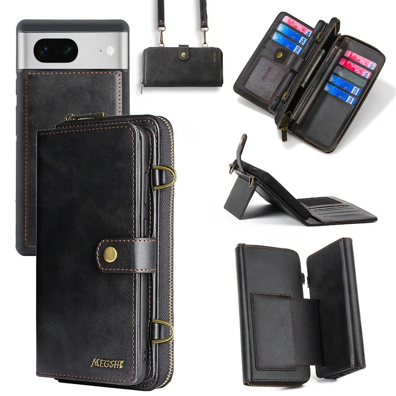 

Removable Zipper Wallet Case Multi Cards Flip Cover For Google Pixel 7Pro 6A 5A 3 in 1 Shoulder Strap Magnetic Holder Phone Case