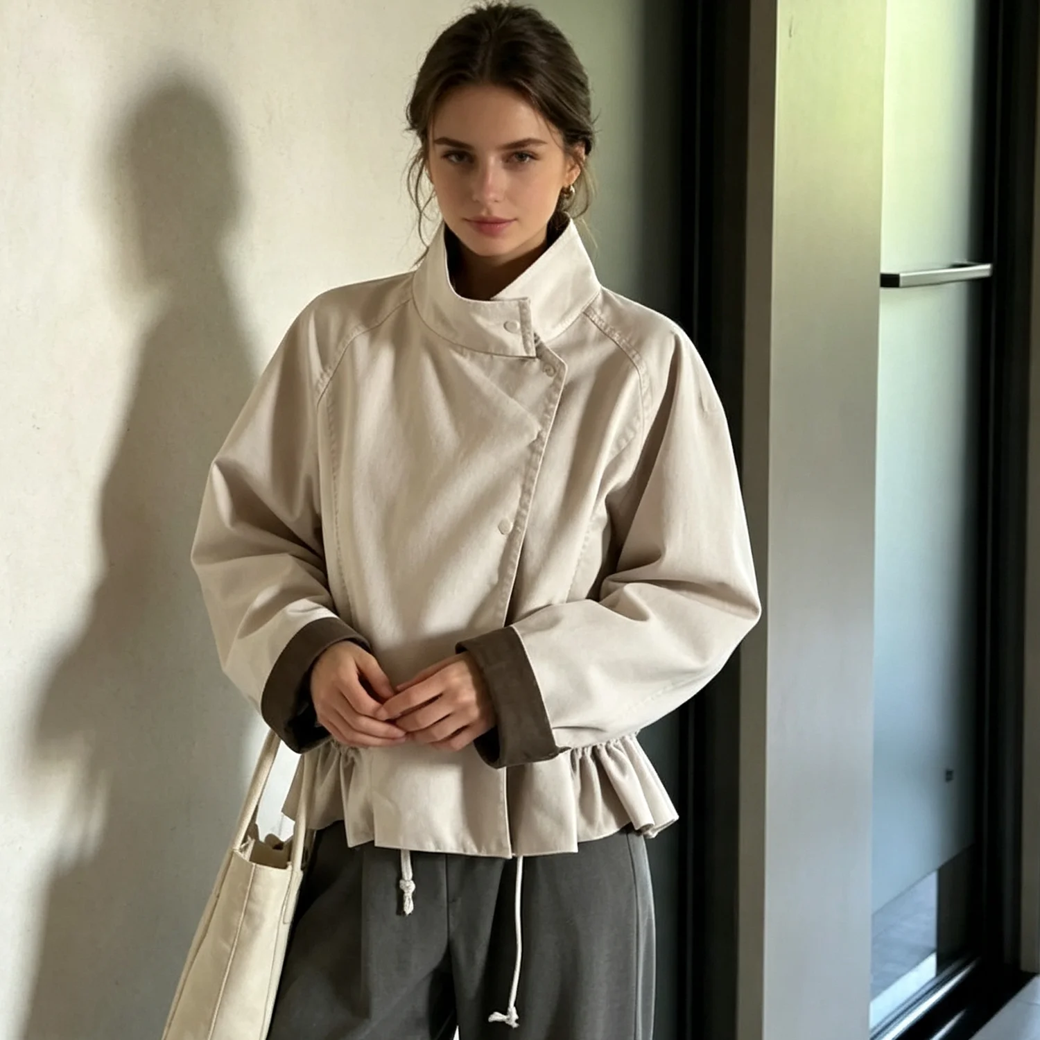 PUAL  Fashion Oversized Short Outerwear Stand Collar Drawstring Waist Contrast Cuff Women Wind Coat