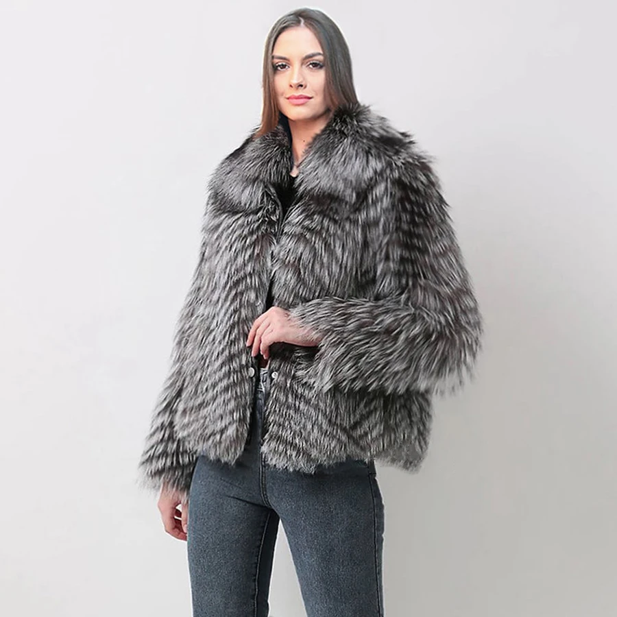 Women Fox Fur Jackets With Lapel Real Silver Fox Fur Coats Women Luxury Fashion Natural Fur Jackets Hot Sale