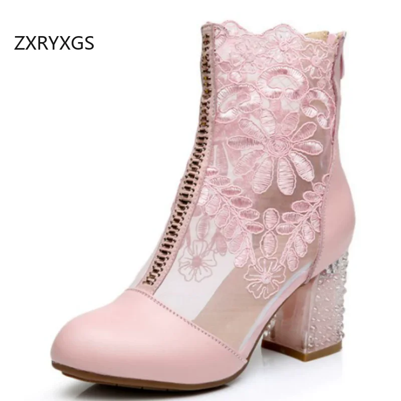 

ZXRYXGS 2025 г., сетчатые ботинки премиум-класса из натуральной кожи с кружевной вышивкой, летние модные сандалии, дышащие крутые ботинки большого размера