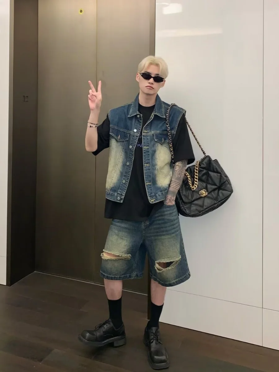 

Ретро американский джинсовый жилет с талией и комплект orts, мужской летний уличный свободный джинсовый тканевый джинсовый жилет длиной пять четвертей