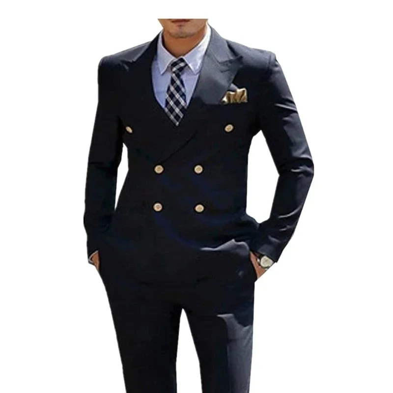 Ternos pretos de trespassado masculino, blazers casuais Slim Fit, conjunto personalizado de 2 peças, traje inteligente, alta qualidade