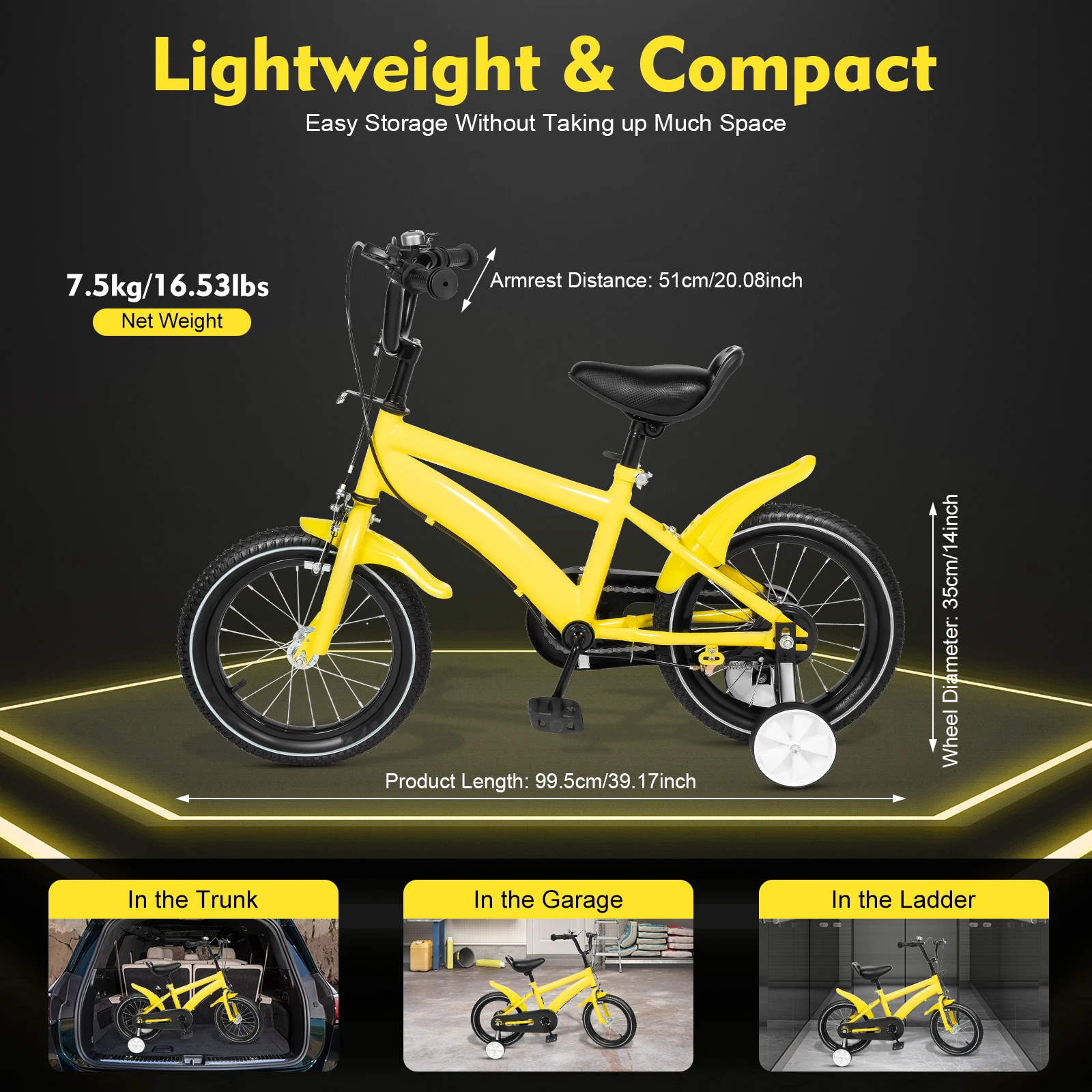 Kids Adjustable 14 Inch Learning Bicycle in Yellow