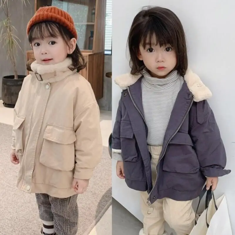 

2025 Girls' Autumn Winter Warmth Coat Pure Color Stand Collar Jacket Thicken Tops Comfortable Children Clothes Trendy Casual