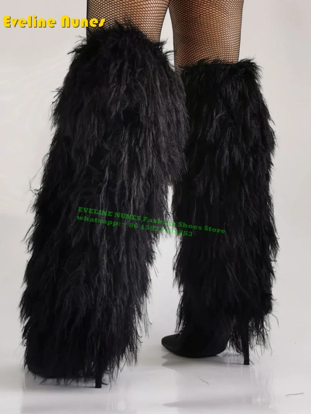 Black Furry Feather Patchwork Fashion Boots Pointed Thin Heel Trendy Stylish Fur Women Sexy Knee High Booties Spicy Girl Winter