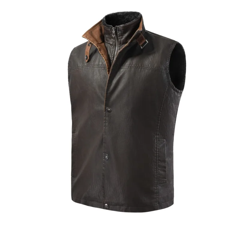 

Men's Pu Leather Vest Youth Casual Retro Fake Two Fur Collar Removable Vest Coat