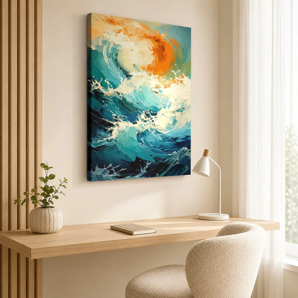 Curling Ocean Wave In Golden Light Canvas Print Customized Photo Painterly Wall Art For Coastal Cottage Lounge, Beach Lover Gift