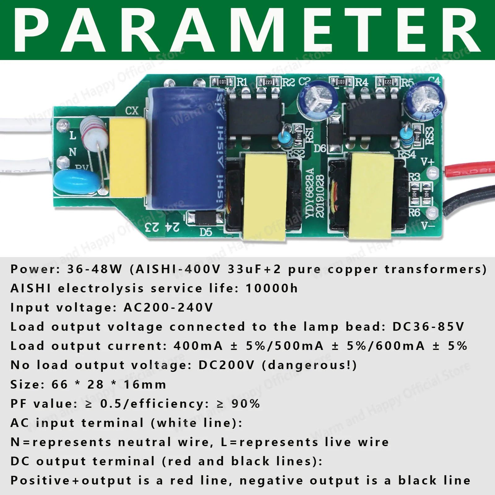36-48W DC36-85V LED Non Isolated Driver 400mA 500mA 600mA Constant Current Power Supply Driver Lighting Transformer Spotlight