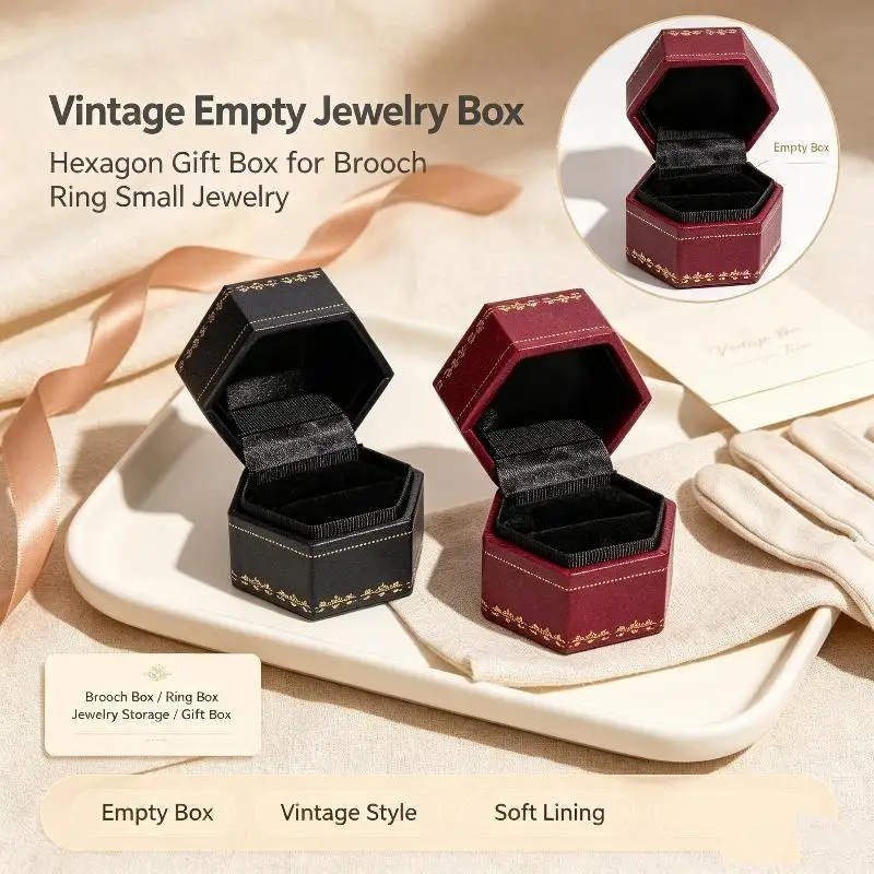 Vintage Hexagonal Mini Ring Box Print Pattern Flip Cover Jewelry Organizer Wedding Gift Packaging Case