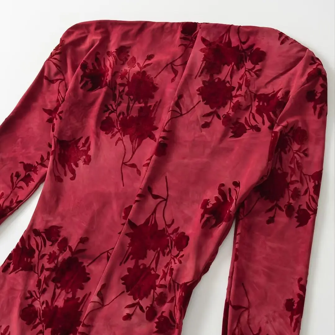Comfortable Long Sleeve Flocked Dress JNLEAOG Women's Fashion Autumn New Style Two Color Asymmetrical Collar H-Line Gown