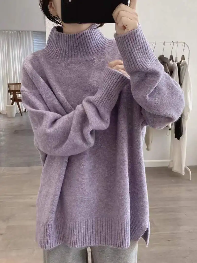 ارتفاع طوق تريكو ملابس خارجية فضفاضة التخسيس البلوز الخريف الشتاء Sle لينة مريحة قاعدة طبقة عادية Faion المرأة #2