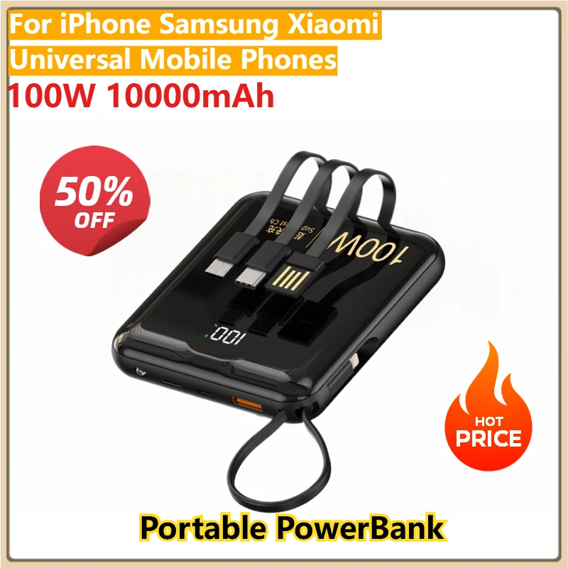 

100W 10000mAh Portable PowerBank Built-in Cable Fast Charging External Battery For iPhone Samsung Xiaomi Universal Mobile Phones
