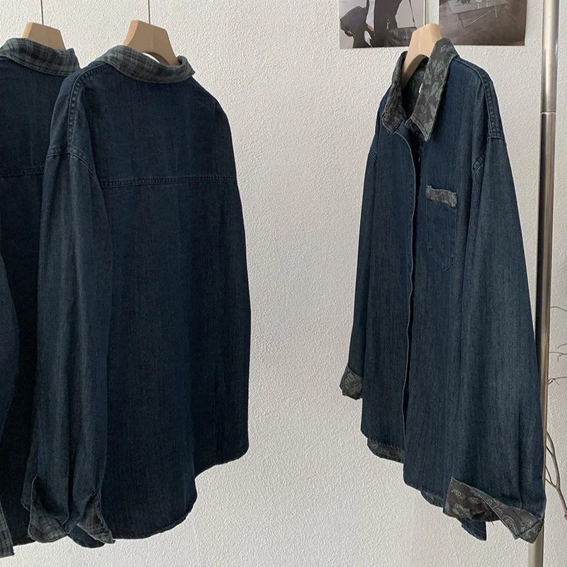 Camisa vaquera con empalme de rejilla para mujer, tops de manga larga holgados y versátiles de longitud media, abrigo informal Vintage a la moda, otoño y primavera