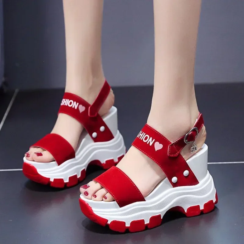 

2024 New Summer Sports Women's Sandals Woman Thick Bottom Wedge Platform Shoes for Women High Heels Fashion Comfortable Red Pink